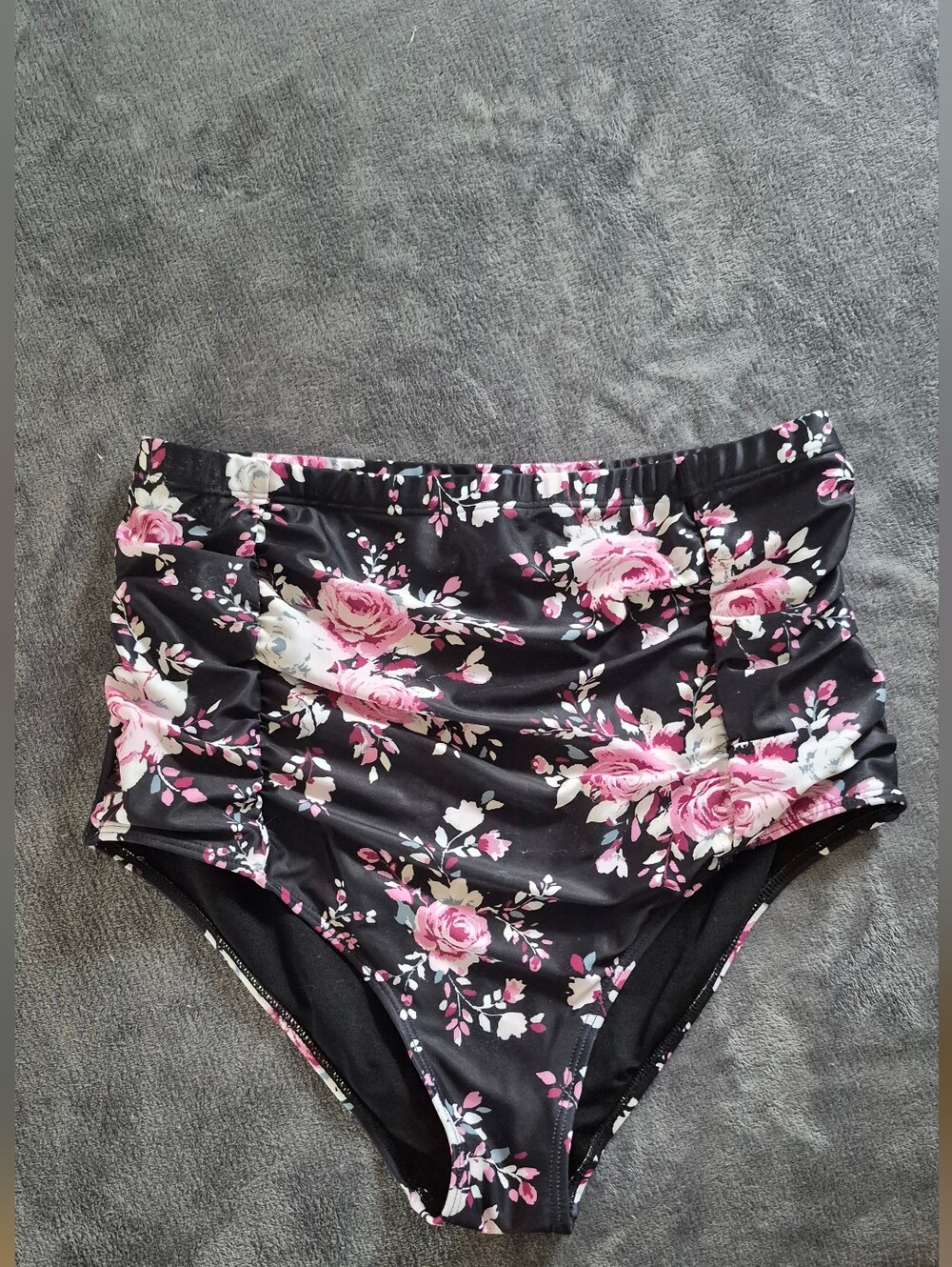 Amazon Women Swim High-Waist Bikini Bottoms Black with Pink Floral